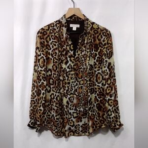 Coldwater Creek Leopard Print Blouse Women's L Brown Boho Retro Y2K 90s Grunge